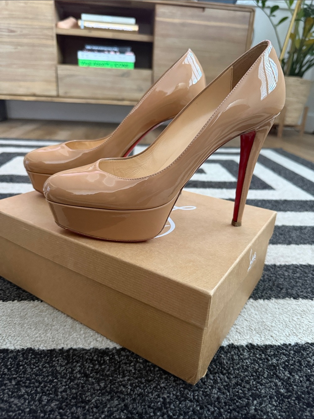 Christian Louboutin Nude Patent Platform Pumps with Red Soles